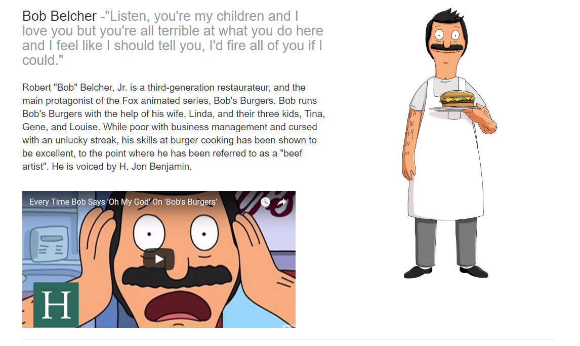 Character Section, with video/image/character description and character quote.