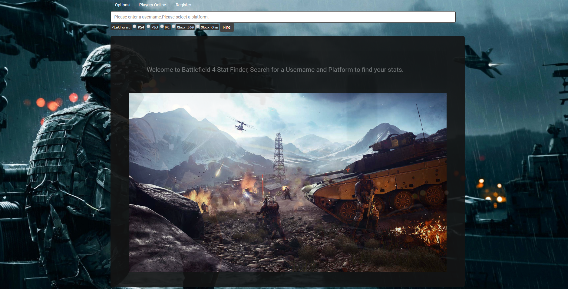 Home page, with search bar to find user/platform