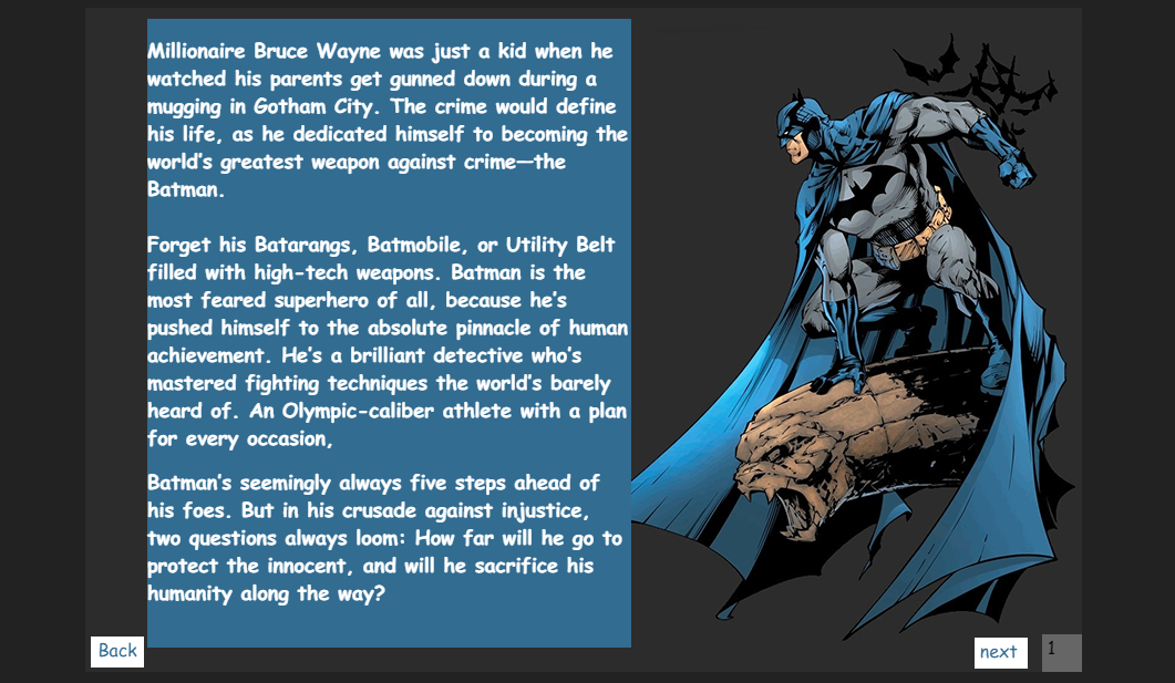 E-book style, Back and Next feature.