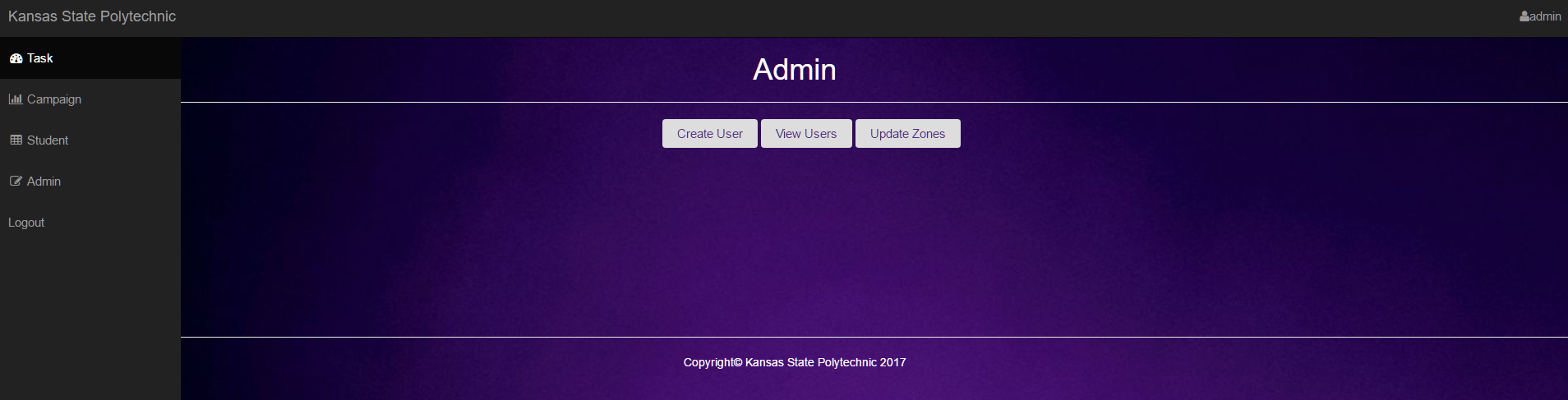 This is the admin page, where
                                the admin can create new users, view/edit/delete users, and update zones.