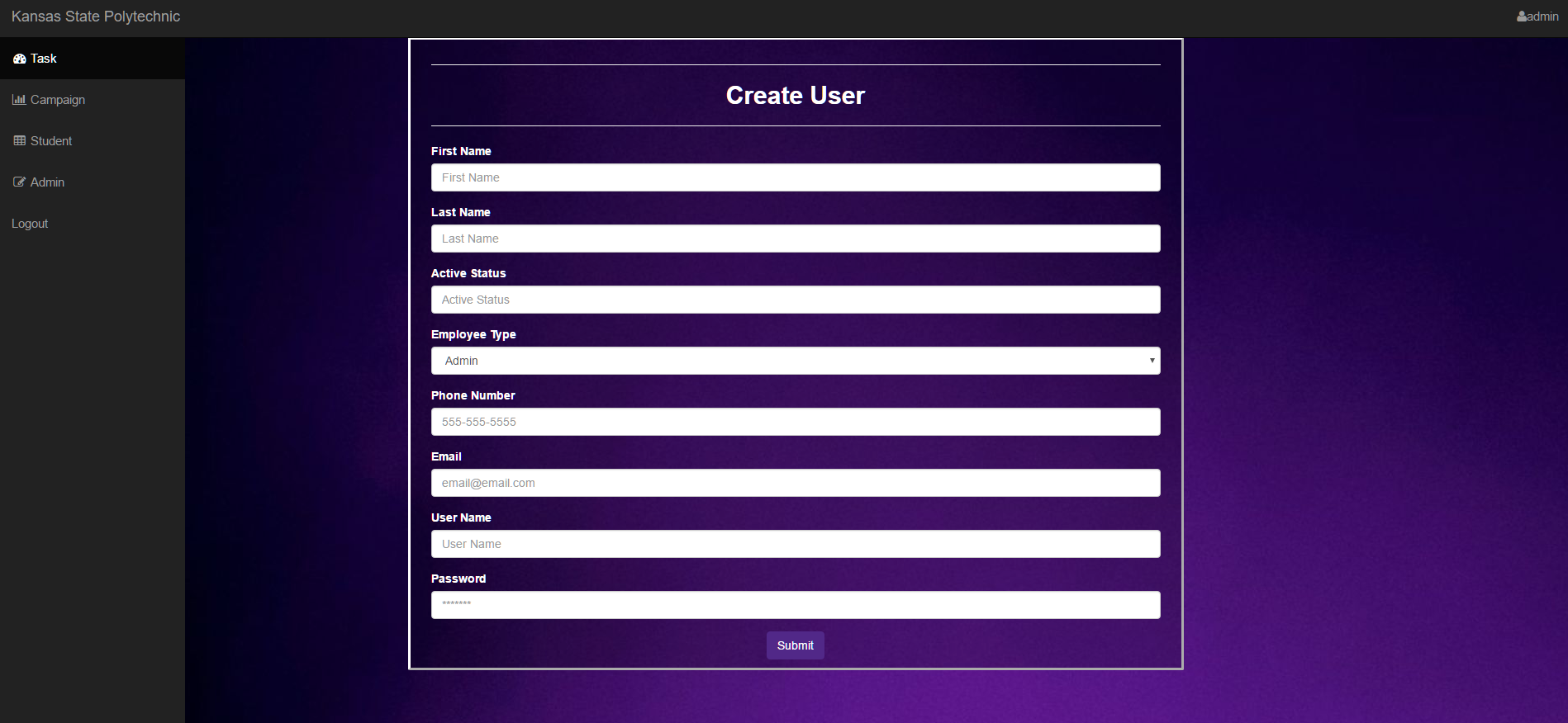 This is the create user page, where the admin can
                                create a new user by entering these fields. Once submitted, it will be stored in the database. 
