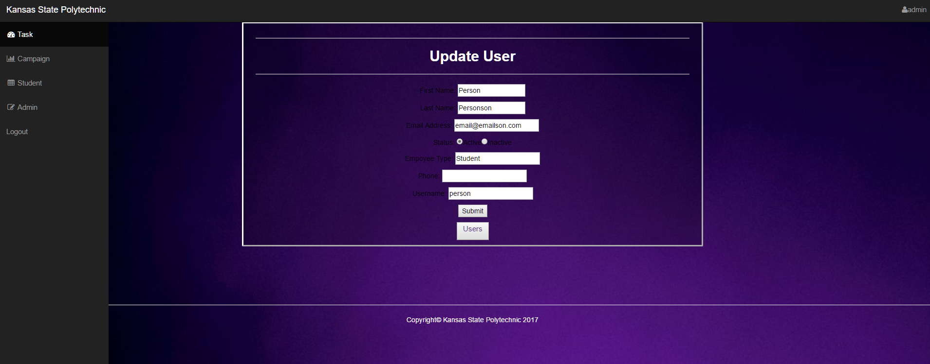 Update user, opens form with information already filled out,where the admin can simply change and submit.