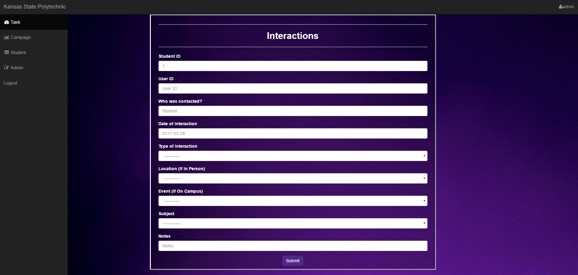 The interactions page, is to track prospective students
                                interactions with the school.  If they met with a counselor, or took a campus visit. So they could have that interaction logged in the database for reference later. 